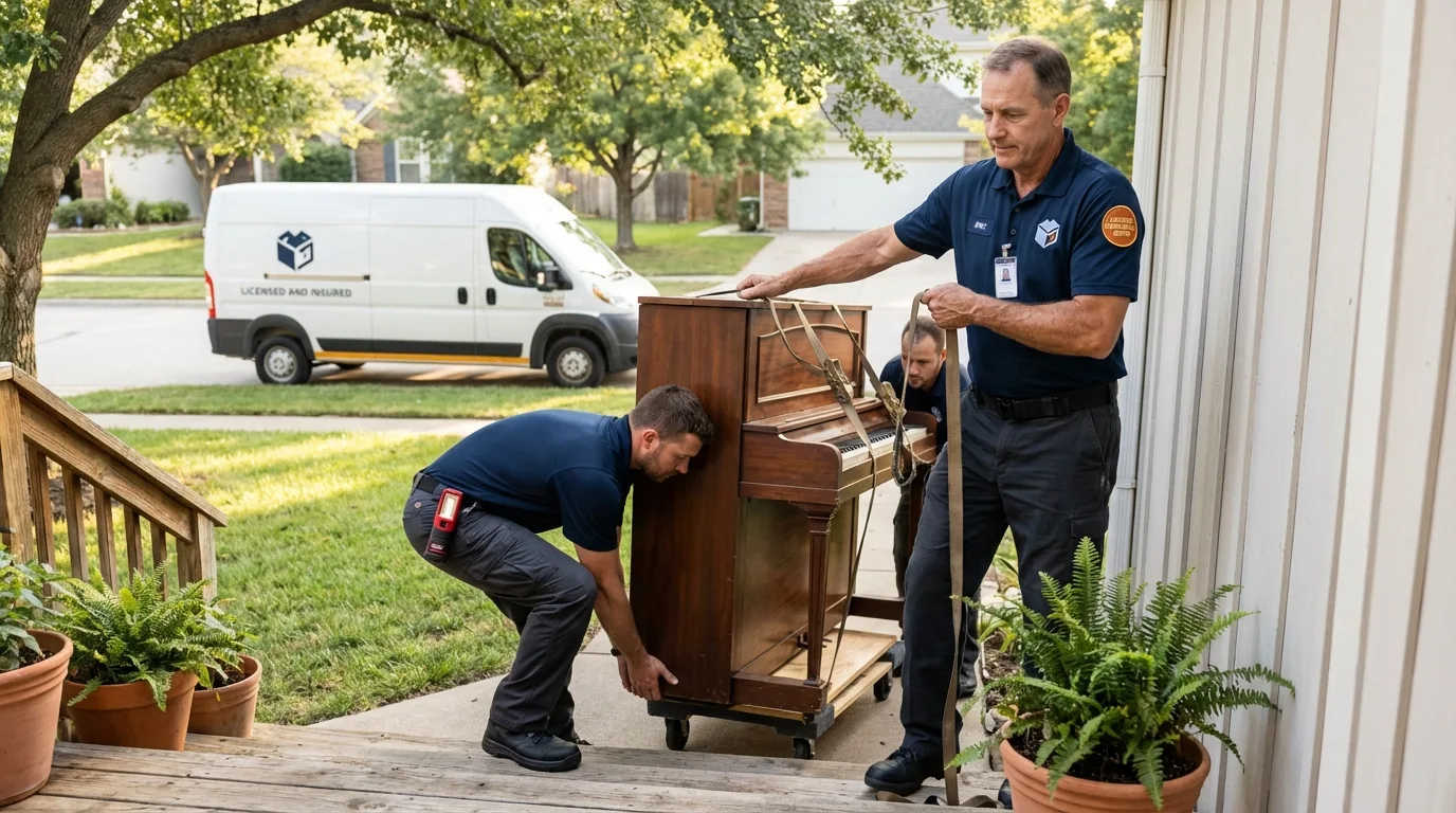 Licensed piano movers securing grand piano in Nephi, UT