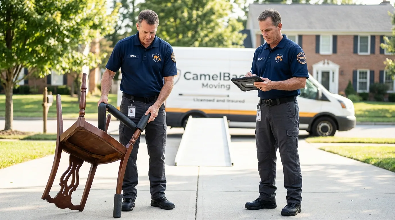 Movers inspecting furniture for damage prevention before loading in Nephi, UT