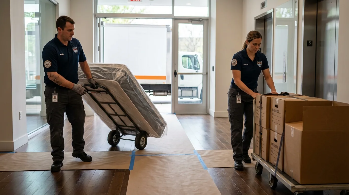 Professional apartment movers loading elevator in Nephi, UT