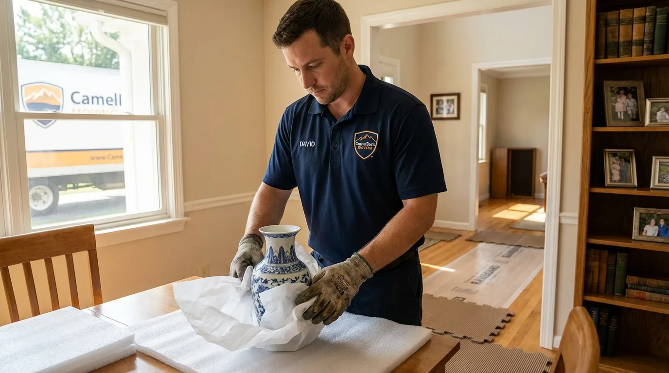Professional crew carefully wrapping antique vase for senior downsizing move in Nephi, UT